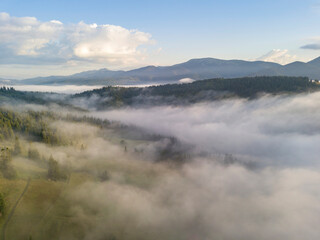 Green mountains of the Ukrainian Carpathians in the morning fog. Aerial drone view.