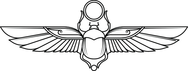 Ancient Egyptian scarab with wings line vector illustration - obrazy, fototapety, plakaty