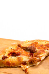 Extreme Closeup View of Traditional Freshly Baked Cheese and Mushrooms Pizza On Woden Plate.