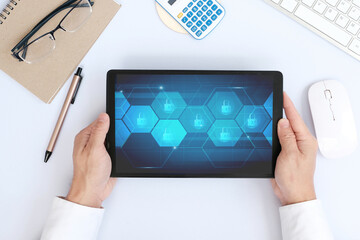 Cyber security.Digital padlock icon,Cyber security technology network and data protection technology on tablets. Online internet authorized access against cyber attack privacy business data