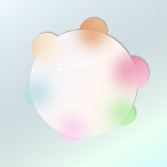 Modern background with glass morphism vector effect. Transparent glass card design. Glassmorphism trend style. Abstract banner with colored, white circles with blur and shadows. Vector illustration.