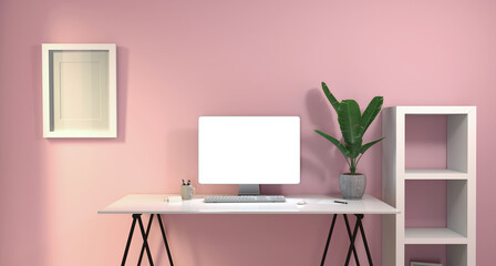 bureau rose avec planche et écran d'ordinateur - illustration 3D