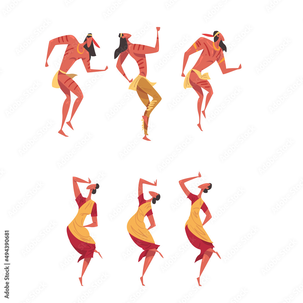 Sticker Ritual dance Set. Indian people dancing traditional dance wearing traditional costumes cartoon vector illustration