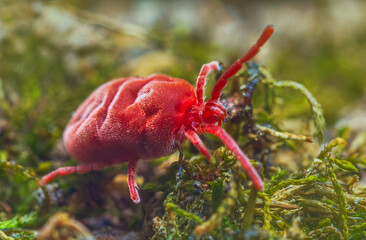 Velvet Mite - Trombidium holosericeum walking on a tree