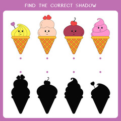 Find the correct shadow for ice cream. Vector worksheet of simple educational game for kids