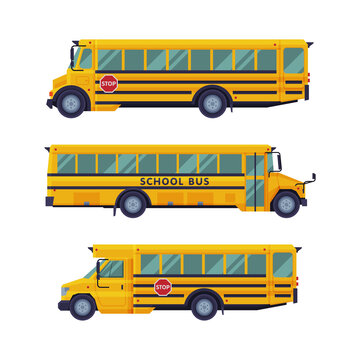 Set of yellow bus, side view. City public transport vector illustration