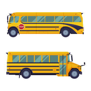 Side view yellow classic bus set cartoon vector illustration