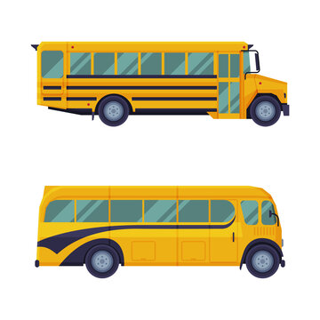 Set of yellow classic bus, side view vector illustration