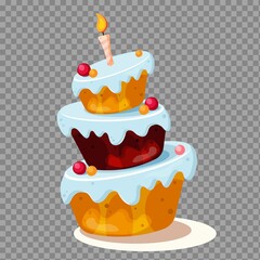 Vector cake with blue icing and a candle in cartoon style on a transparent background
