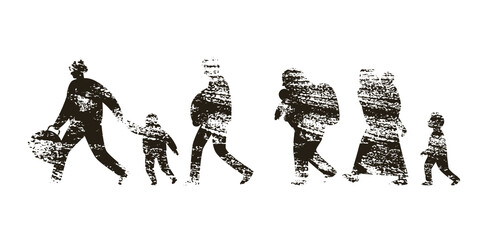  silhouettes of fleeing people. Black and white textured vector illustration - obrazy, fototapety, plakaty