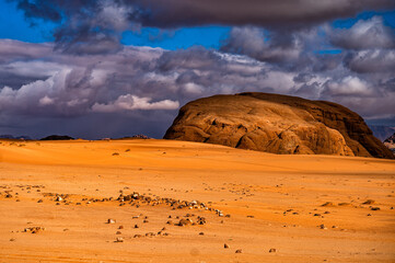 An outstanding desert-mountain landscape. Wadi Rum Protected Area, Jordan.