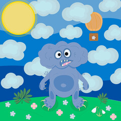 Childrens Card with blue fanny monster, field, flowwrs, sky
