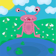 Childrens Card with pink fanny monster and lake