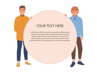 Young happy woman and man are holding a frame for text. Vector illustration