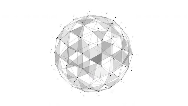 Abstract plexus sphere from black dots, lines and triangles on a white background. Looped animation 4k.