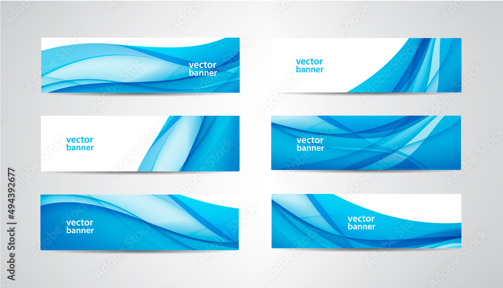 Poster Vector abstract flow wavy banners set. Water, stream, energy stream horizontal backgrounds. Wave Liquid, transparent, gradient headers.