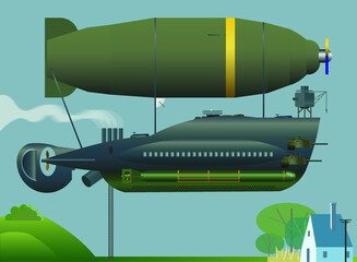Dieselpunk or steampunk military zeppelin loating above the european village, vector illustration © Mykola