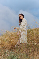 woman wheat countryside landscape freedom autumn season concept