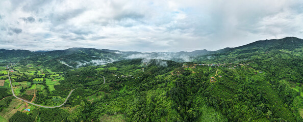 Fototapeta na wymiar Landscape Panorama view, Mountain With Fog In Morning at valley Phulangka National park, Payao north of thailand.