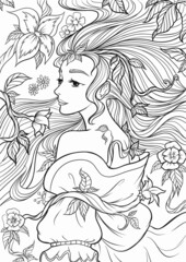 

hand drawn ink doodle face and flowing hair on white background. coloring page, design for adults