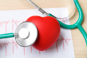 Stethoscope, cardiogram and red decorative heart on wooden background, closeup. Cardiology concept