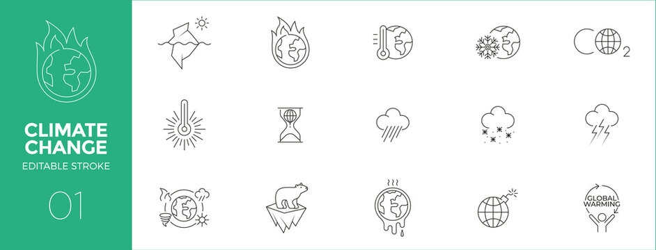 Set Of Climate Change Line Icons - Editable Stroke