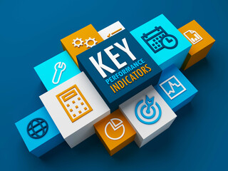3D render of perspective view of KEY PERFORMANCE INDICATORS business concept with colorful cubes on dark blue background