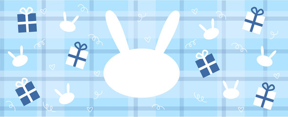 New Year's banner, white rabbit. Rabbit, symbol of 2023 with gifts.
