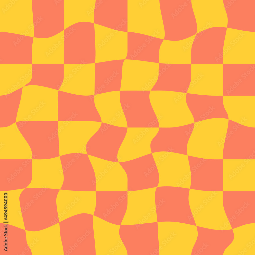 Poster Twisted checkered colorful background. Abstract vector pattern. Retro wavy psychedelic checkerboard