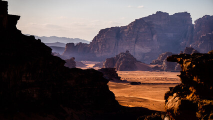 An outstanding desert-mountain landscape. Wadi Rum Protected Area, Jordan.