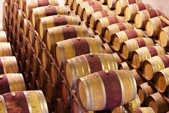 Waiting Until The Time Is Right. Red Wine Barrels Stored In Wine Cellar.