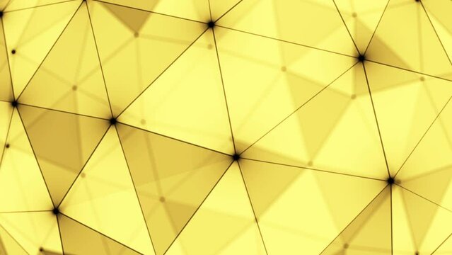 Abstract plexus background from black dots, lines and triangles on a yellow background. Looped animation 4k.