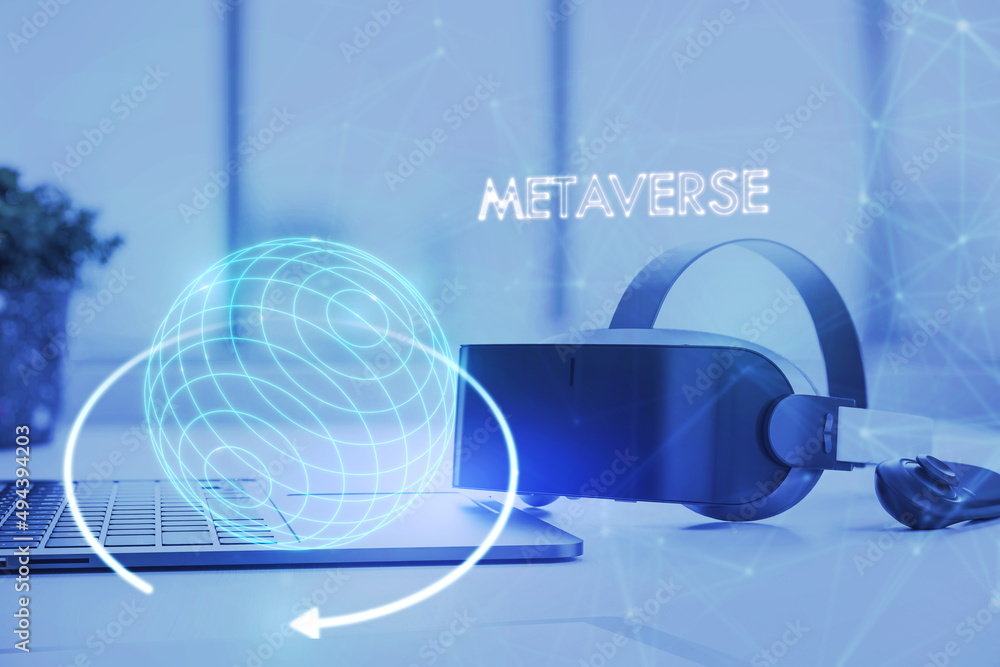 Poster close up of vr glasses with abstract metaverse sphere on blurry office desktop background. future an