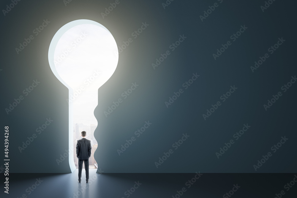 Poster Back view of man standing in abstract key opening in wall with bright light and mock up place. Solution and decision concept.