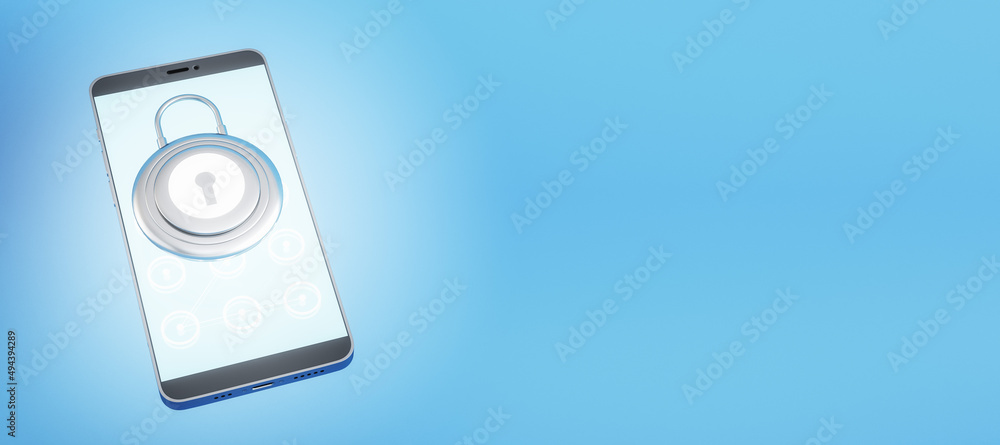Aufkleber Close up of smartphone with creative padlock on screen. Blue background with mockup place. Secure device concept. 3D Rendering.