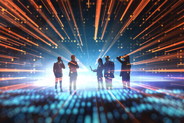Abstract backlit businesspeople working together on abstract metaverse background. Teamwork and...