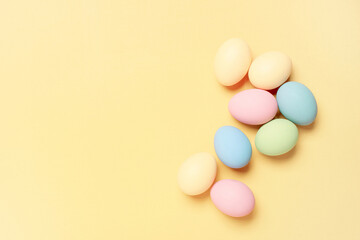 Easter background with colored pastel eggs, holiday card