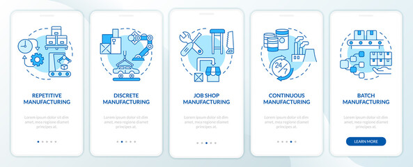 Types of manufacturing processes blue onboarding mobile app screen. Walkthrough 5 steps graphic instructions pages with linear concepts. UI, UX, GUI template. Myriad Pro-Bold, Regular fonts used