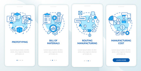 Manufacturing stages blue onboarding mobile app screen. Production walkthrough 4 steps graphic instructions pages with linear concepts. UI, UX, GUI template. Myriad Pro-Bold, Regular fonts used