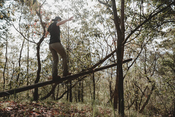 Hiker walking on a fallen tree trunk in forest