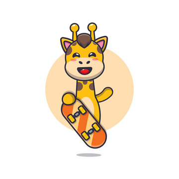 cute giraffe mascot cartoon character with skateboard