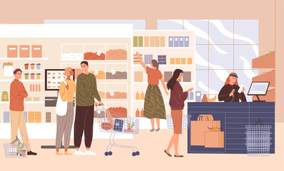 People in the supermarket buying groceries Vector illustration.
