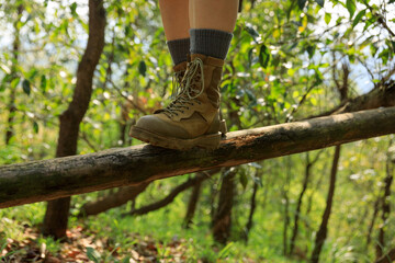 Hiker walking on a fallen tree trunk in forest