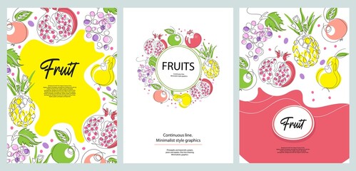 The fruits are drawn with a single line. Pineapple, grapes, pomegranate, apple, pear. Sample brochure.