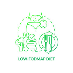 Low FODMAP diet green gradient concept icon. Carbohydrates restricted. Prevent bloating. Trendy diet plan abstract idea thin line illustration. Isolated outline drawing. Myriad Pro-Bold font used