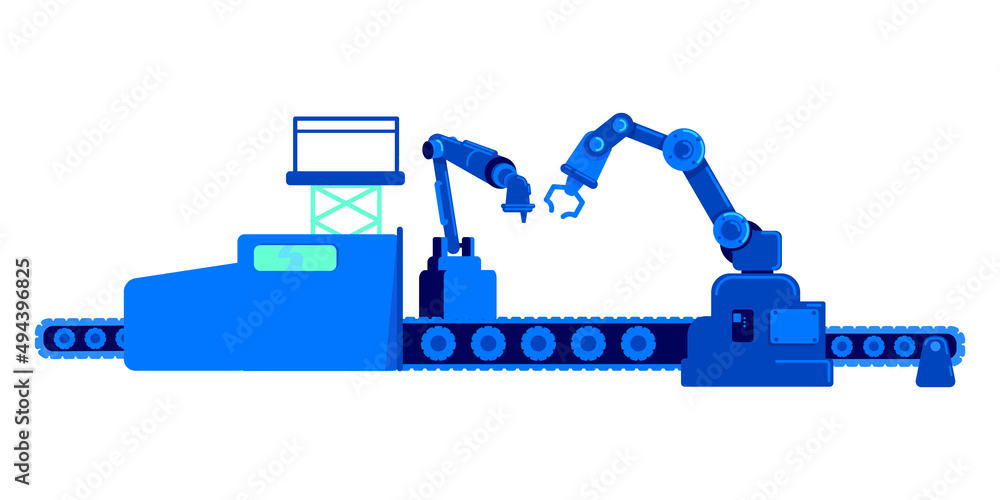 Poster assembly line with industrial robotic arms semi flat color vector object. full sized item on white. 