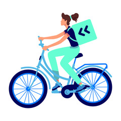Obraz premium Female bicycle courier semi flat color vector character. Riding figure. Full body person on white. Express delivery on bicycle simple cartoon style illustration for web graphic design and animation