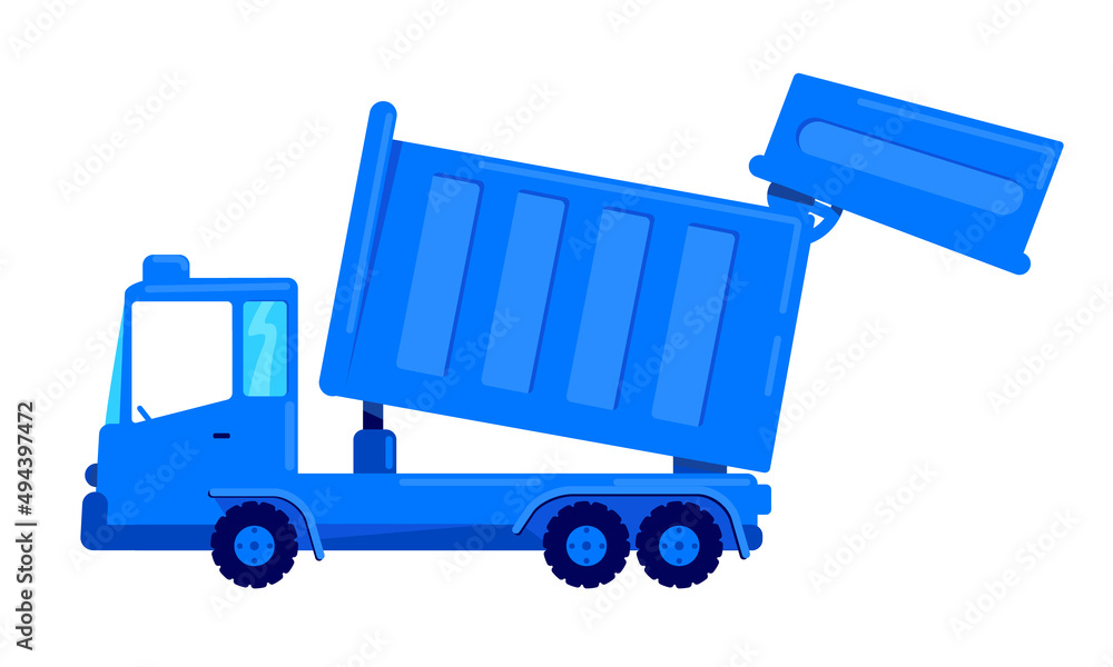 Poster dump truck semi flat color vector object. waste management. full sized item on white. garbage truck.