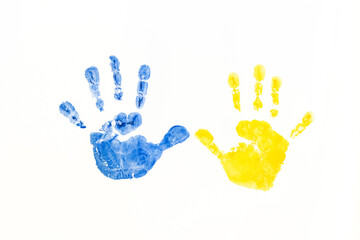 Ukrainian children against war. children's handprints ukrainian colors blue yellow