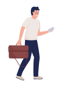 Smiling man with leather handbag and smartphone semi flat color vector character. Posing figure. Full body person on white. Simple cartoon style illustration for web graphic design and animation